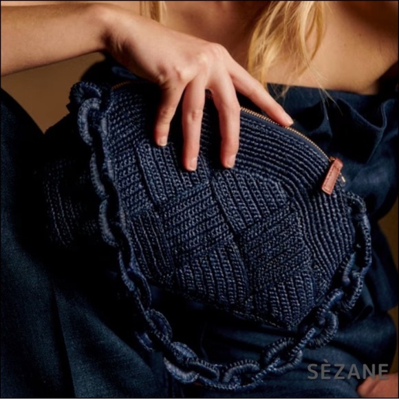 SEZANE Navy Blue Woven Braided Raffia Shoulder Bag Chain Link Strap Isabelle Bag - Picture 4 of 14